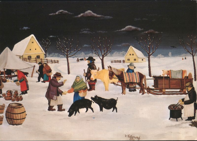 Winter Market Scene with People and Animals by Ivan Večenaj
