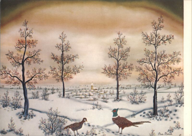 Winter Morning with Pheasants in a Snowy Village Landscape