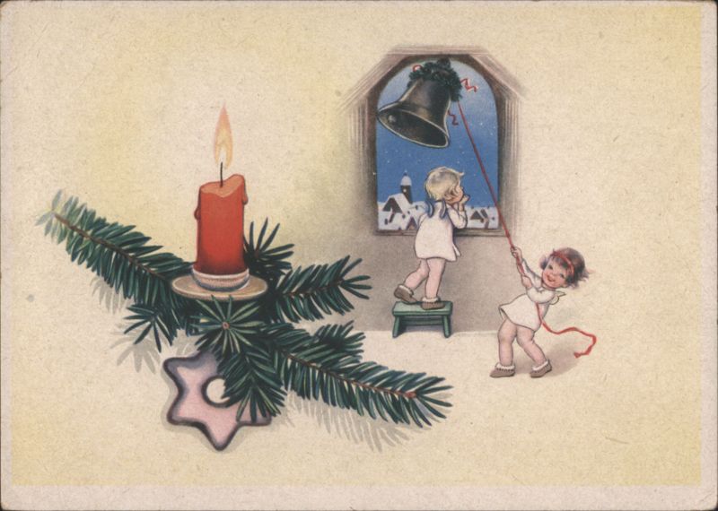 Children Ringing Christmas Bell with Candle and Pine Branch