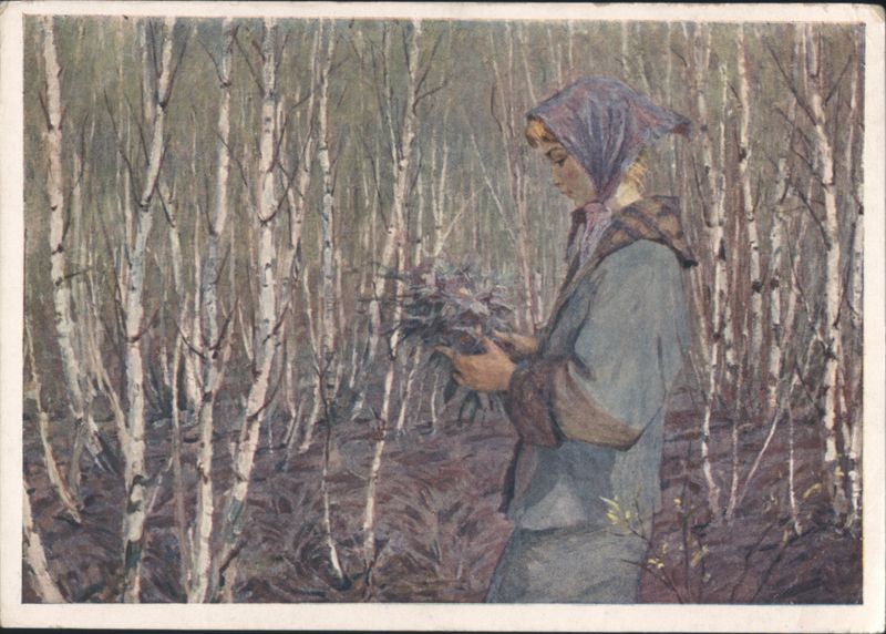 Woman in Birch Forest Holding Flowers, Spring V. K. Zholtock