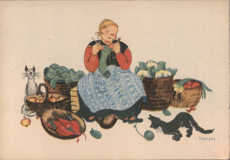 Woman Knitting with Cats and Baskets of Vegetables