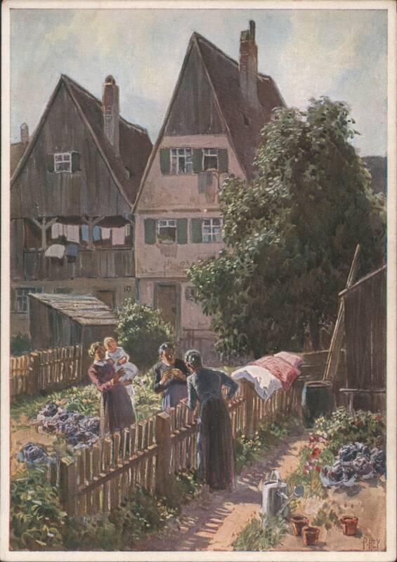 Garden Scene with Women, Baby, and European Houses