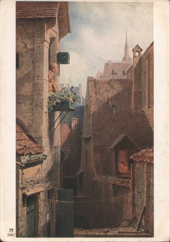 Carl Spitzweg's Ein Hypochonder: Man Leaning Out Window in Narrow Street