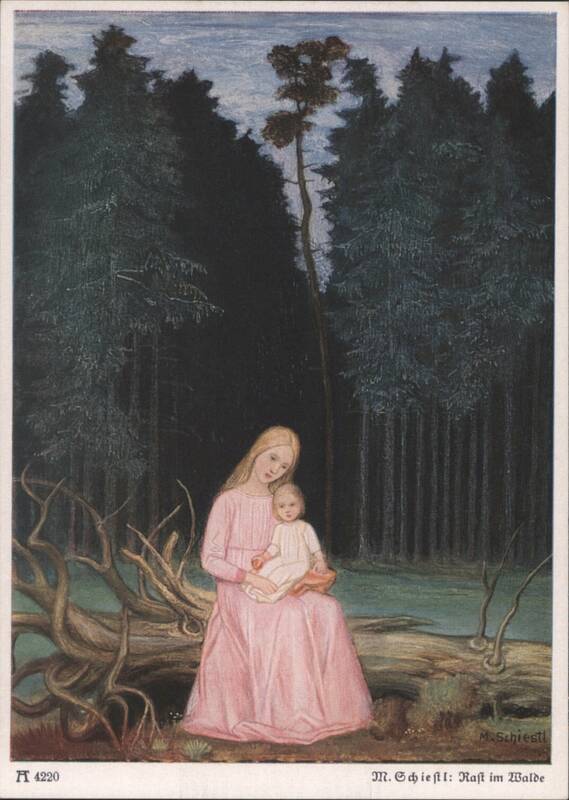 Woman and Child Resting in the Forest by M. Schiestl
