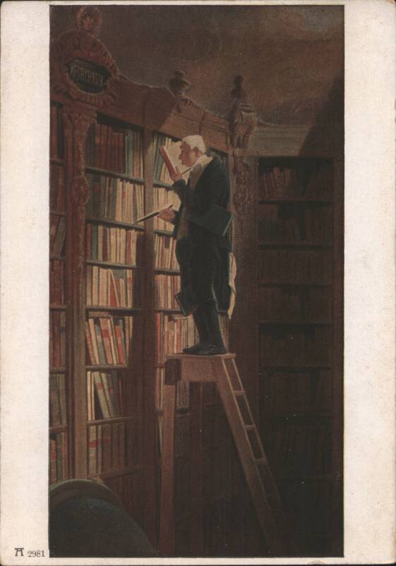 Carl Spitzweg's The Bookworm, Man on Ladder in Library