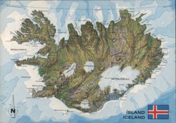 Iceland Topographical Map Major Glaciers & Cities Postcard