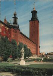 Stockholm Town Hall Terrace with Statue and Towers Postcard