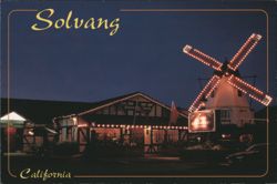 Solvang California Windmill and Danish Village Night View Postcard