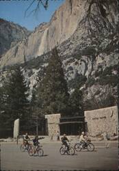 Yosemite Valley Visitor Center Waterfall Bicyclists Chrome PC Postcard