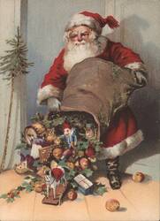 Santa Claus Emptying Sack of Toys with Christmas Tree Postcard