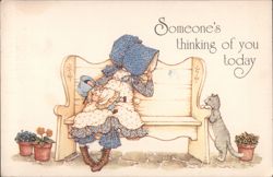Someone's thinking of you today - Girl, doll, and cat Postcard
