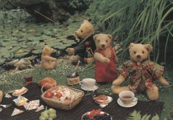 Summer Teddies Picnic by Pond, Bear Fishing Postcard