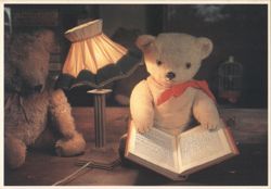 Two Teddy Bears Reading by a Lamp Postcard