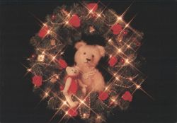 Teddy Bears in Christmas Wreath with Lights and Roses Postcard