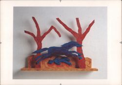 Ernest Silva's Fallen Rider Sculpture, Blue Horse & Figure, Red Trees Postcard