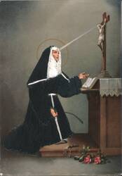 Nun Kneeling in Prayer Before Crucifix with Halo Postcard
