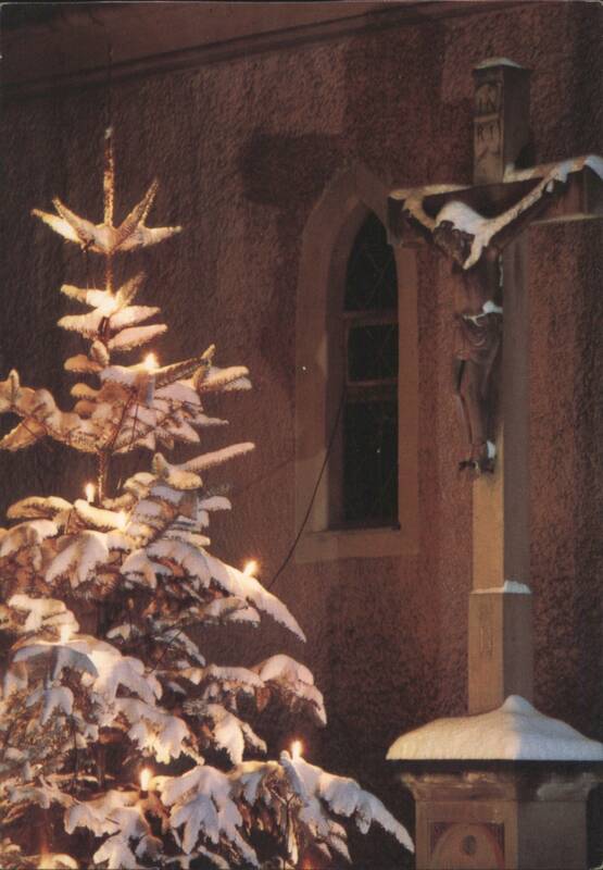 Snowy Christmas Tree with Lights, Church, and Crucifix