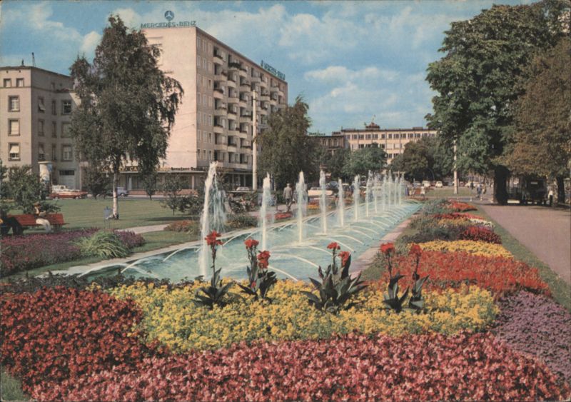 Karlsruhe Wasserspiele Fountains Flower Beds Mercedes-Benz Building Germany