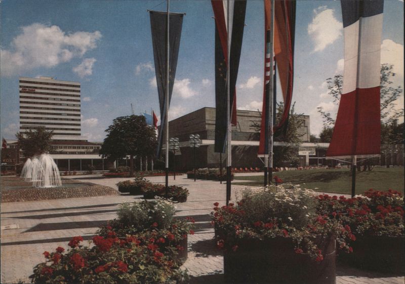 Stadtpark an der Harmonie with Fountain and Flags Heilbronn Germany