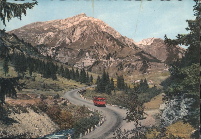 Arlbergstrasse Mountain Road, Red Bus, Alps Austria