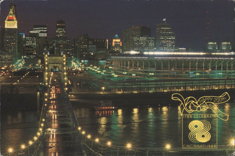 Cincinnati Bicentennial Night Skyline, Roebling Bridge Ohio