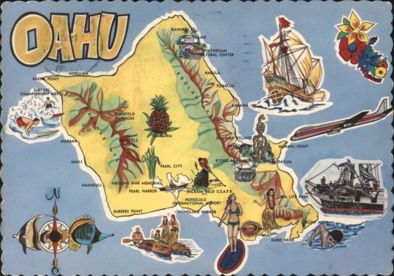 Colorful Sketch Map of Oahu, The Hub of Activity in Hawaii