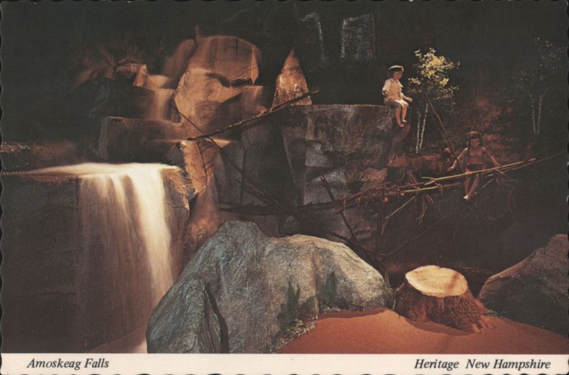 Amoskeag Falls Waterfall Recreation, Indian Boy Shows Friend How to Fish Manchester New Hampshire