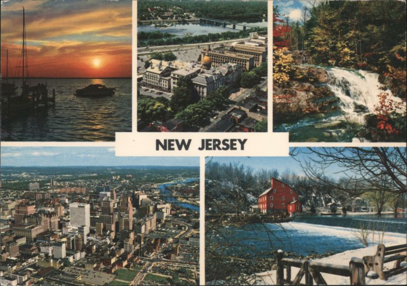 New Jersey Multi-View: Sunset, State House, Waterfall, Newark, Red Mill