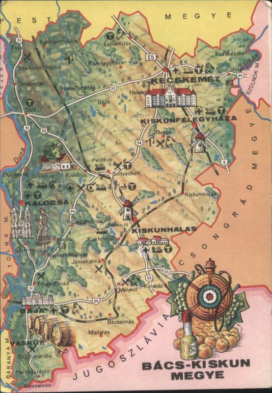 Bács-Kiskun County Map, Hungary: Kecskemét, Kalocsa, Baja