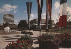 Stadtpark an der Harmonie with Fountain and Flags Postcard