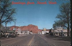 Greetings from Kanab, Utah Main Street, Businesses, Red Rock Mountain Postcard