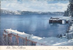 Lake Tahoe Winter Snow, Dock & Building on Water Postcard