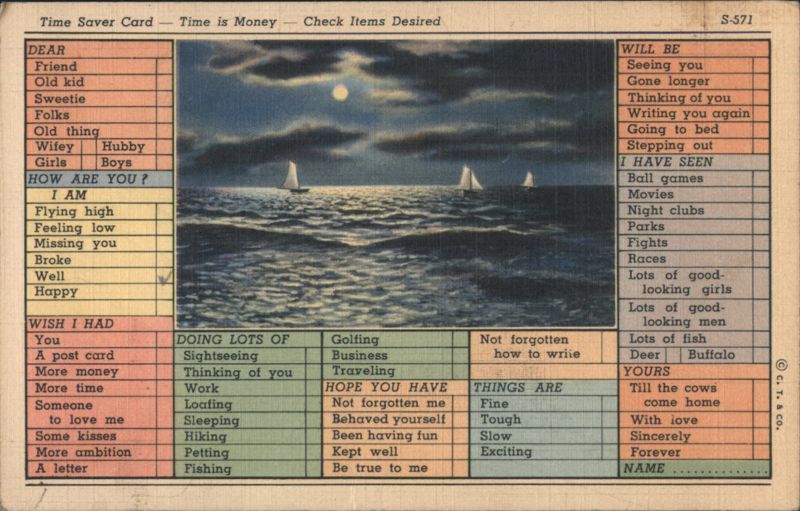 Time Saver Card - Time is Money - Moonlit Ocean Sailboats