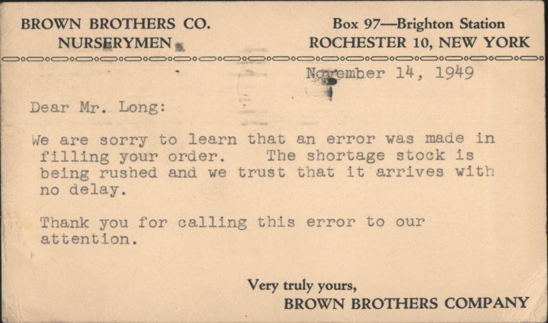 Brown Brothers Co. Nurserymen Rochester NY Order Notice 1949