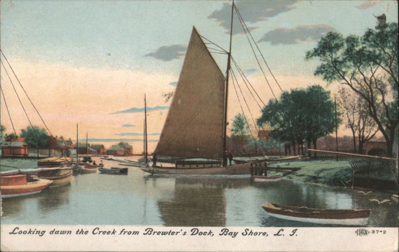 Brewster's Dock, Bay Shore, L. I. with Sailboats on Creek New York