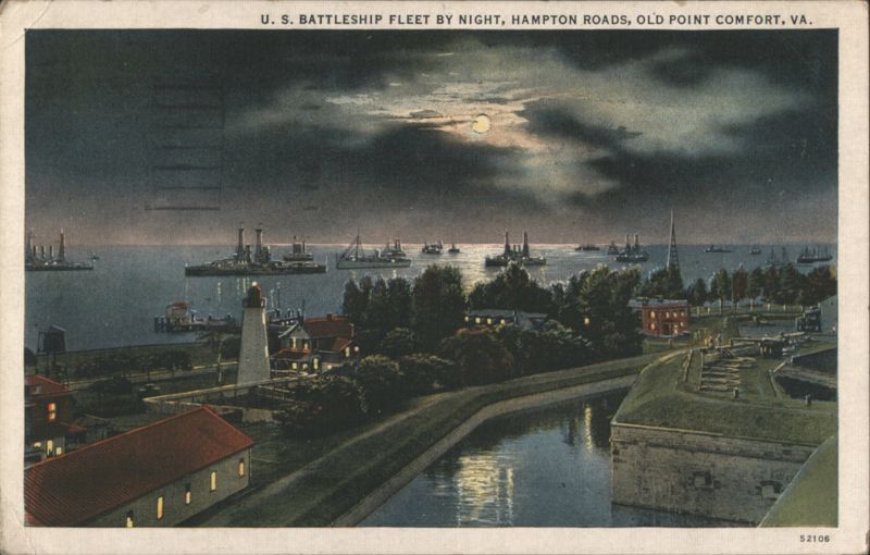 U. S. Battleship Fleet by Night, Hampton Roads, Old Point Comfort Virginia