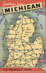 Greetings from Michigan Map, The Peninsula State Postcard