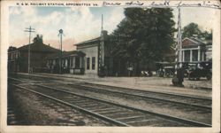 Rare: N. & W. Railway Station, Tracks, and Automobiles Postcard