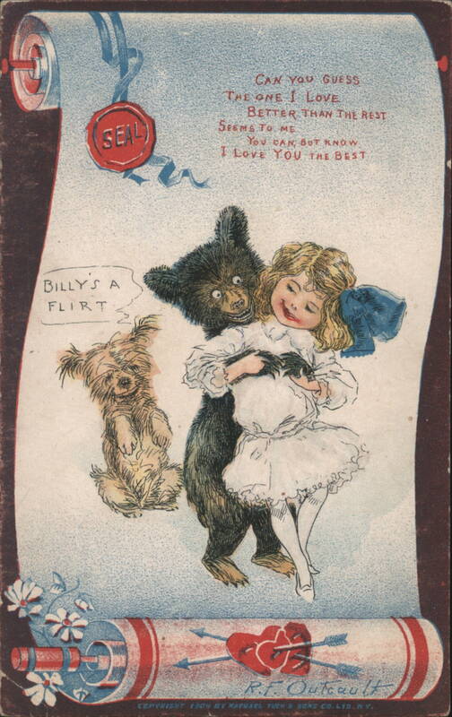 Bear Hugging Girl & Dog Valentine by R.F. Outcault