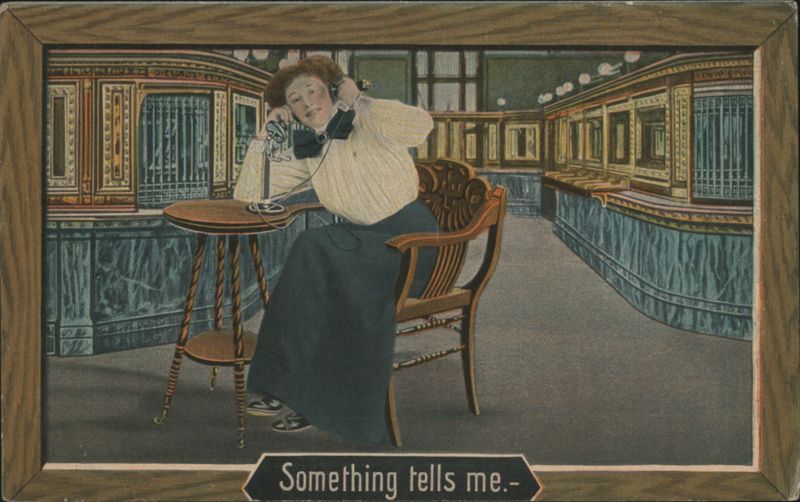 Woman Using Candlestick Telephone in Bank Telephones