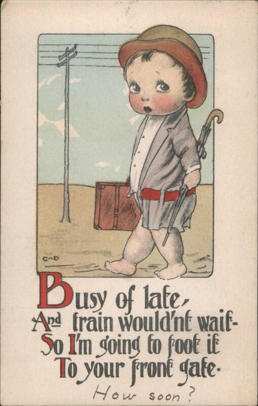 Child in Suit with Suitcase & Umbrella 'Busy of Late'
