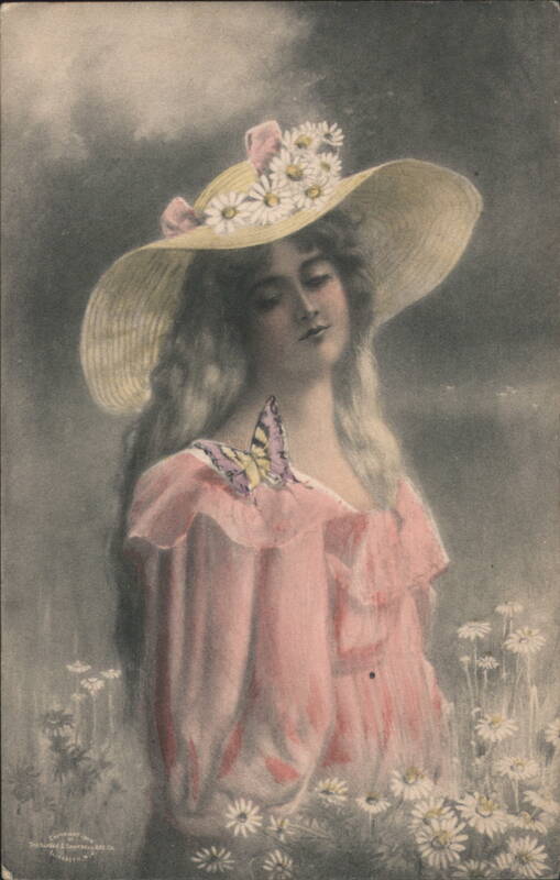 Woman in Daisy-Adorned Straw Hat with Butterfly Women
