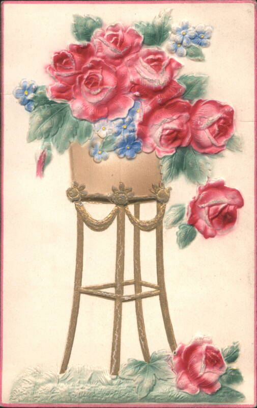 Embossed Pink Roses and Blue Forget-Me-Nots in Gold Stand