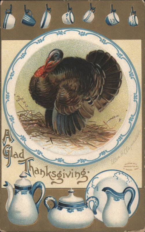 A Glad Thanksgiving Turkey with Blue and White Tea Set