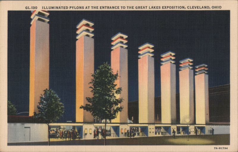 Illuminated Pylons at Great Lakes Exposition Entrance Cleveland Ohio