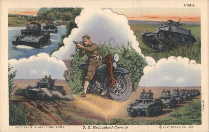 U.S. Mechanized Cavalry, Soldier on Motorcycle and Tanks