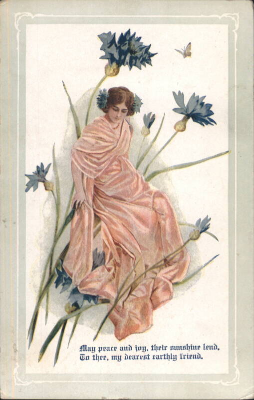Woman in Pink Gown Seated Among Large Blue Cornflowers