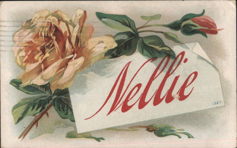 Nellie Name Card with Yellow Rose and Red Rosebud