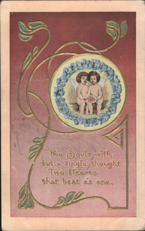 Two Cherubs in Forget-Me-Not Wreath with Romantic Verse