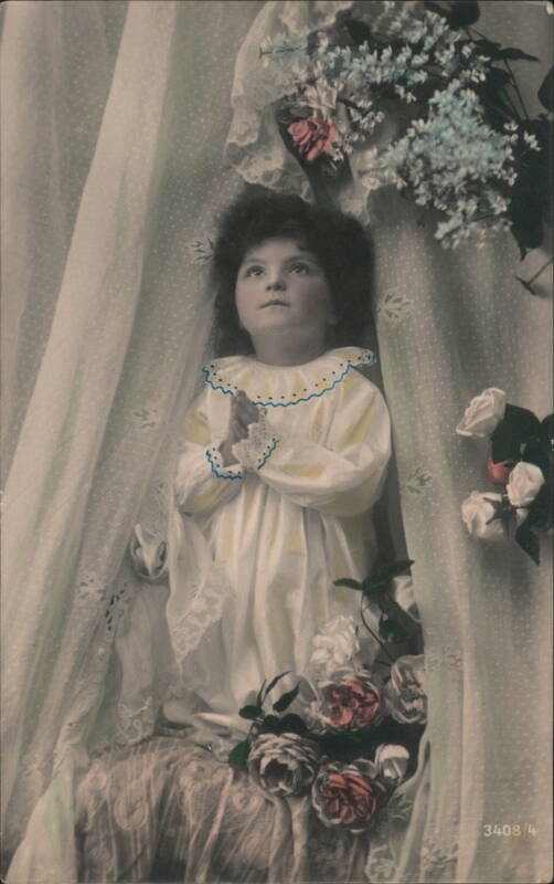 Child in Prayer with Flowers and Lace Curtains Children
